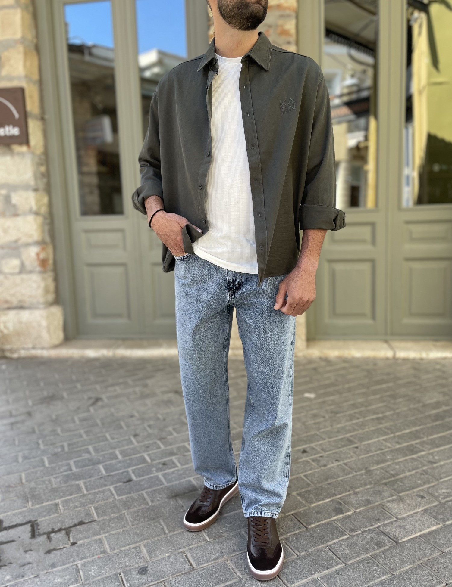 Ανδρικό λαδί overshirt με γιακά 4529L φωτογραφία